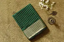 Pavitra . Handloom Maheshwari Silk Saree | Kosa Stripe + Zari | Chatni green