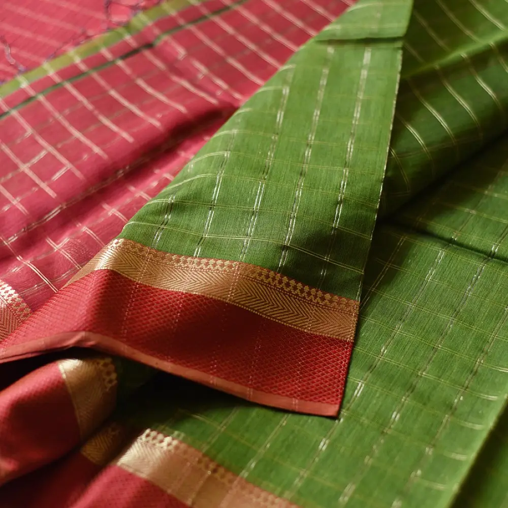 buy Handloom Maheshwari Silk Saree Bright Red and Green