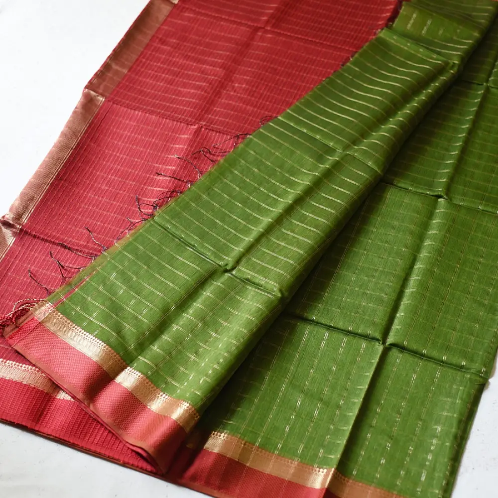 buy Handloom Maheshwari Silk Saree Bright Red and Green