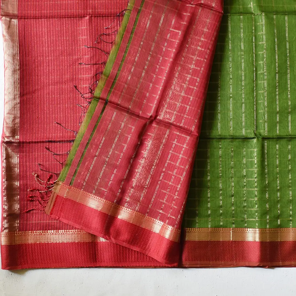 buy Handloom Maheshwari Silk Saree Bright Red and Green