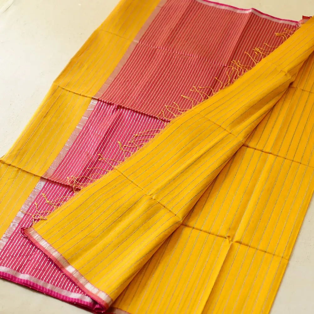 buy Zari Stripes Maheshwari Silk Saree ~ Yellow