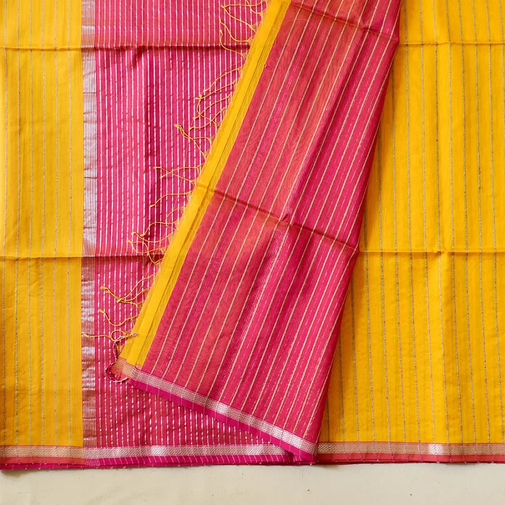 buy Zari Stripes Maheshwari Silk Saree ~ Yellow