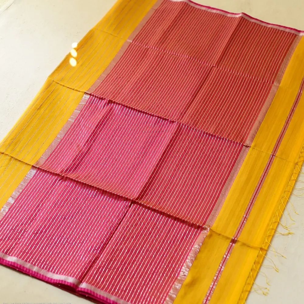 buy Zari Stripes Maheshwari Silk Saree ~ Yellow