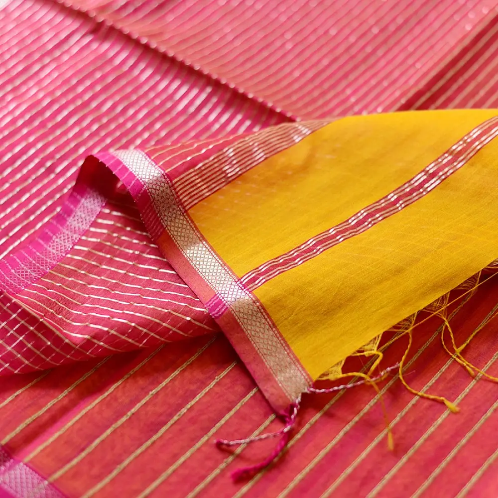 buy Zari Stripes Maheshwari Silk Saree ~ Yellow