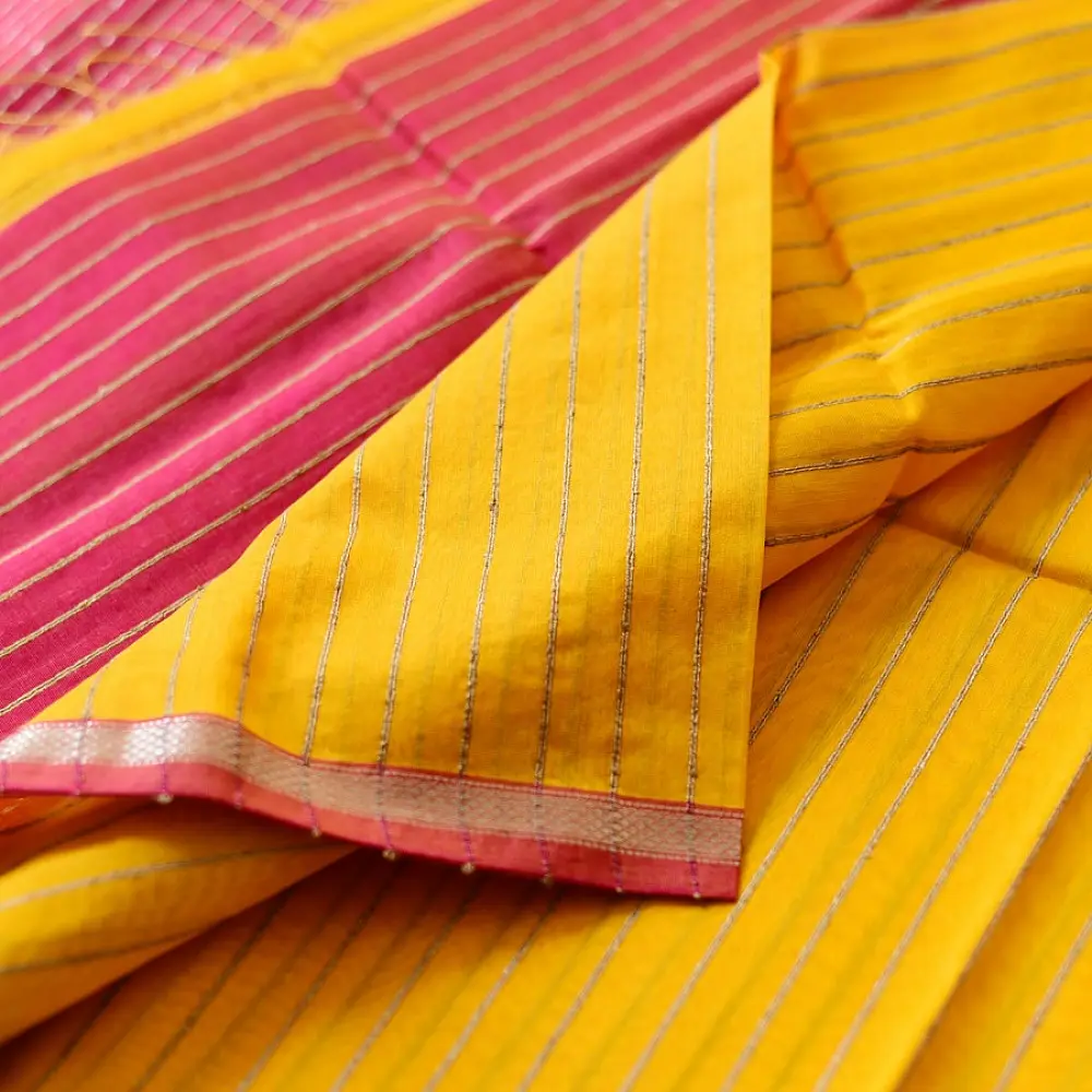 buy Zari Stripes Maheshwari Silk Saree ~ Yellow