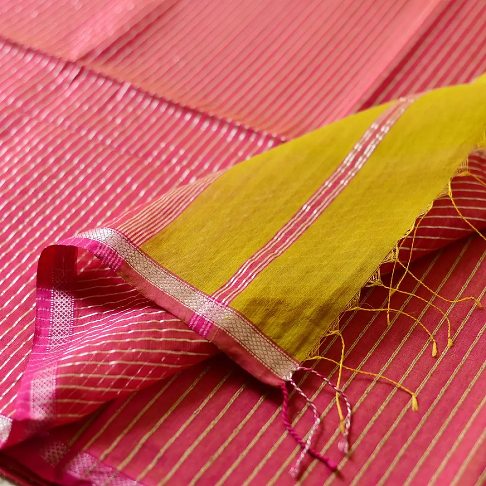 buy Zari Stripes Maheshwari Handloom Silk Saree