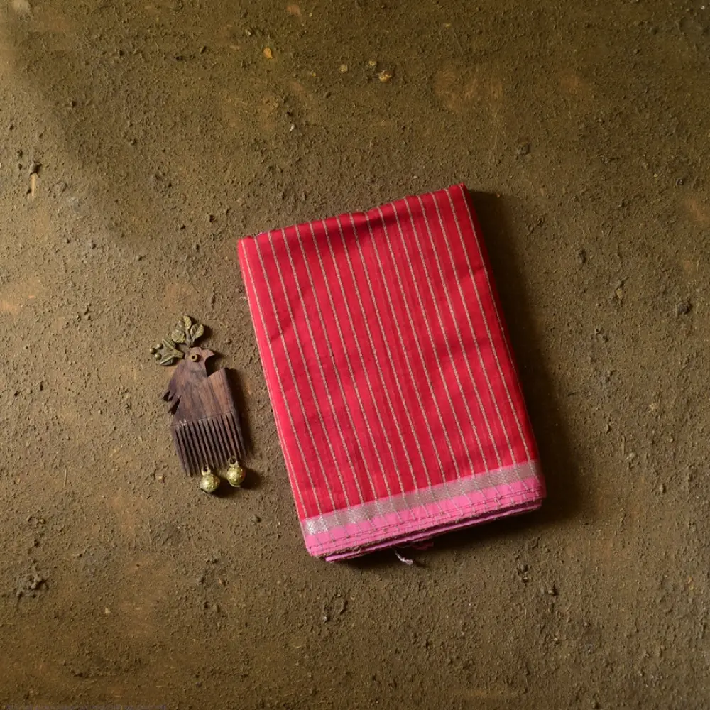 buy Handloom Maheshwari Saree ~ Red With Pink Pallu