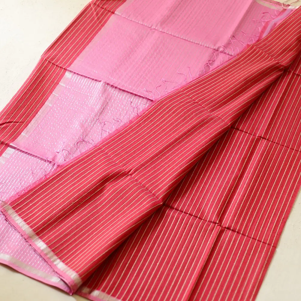 buy Handloom Maheshwari Saree ~ Red With Pink Pallu