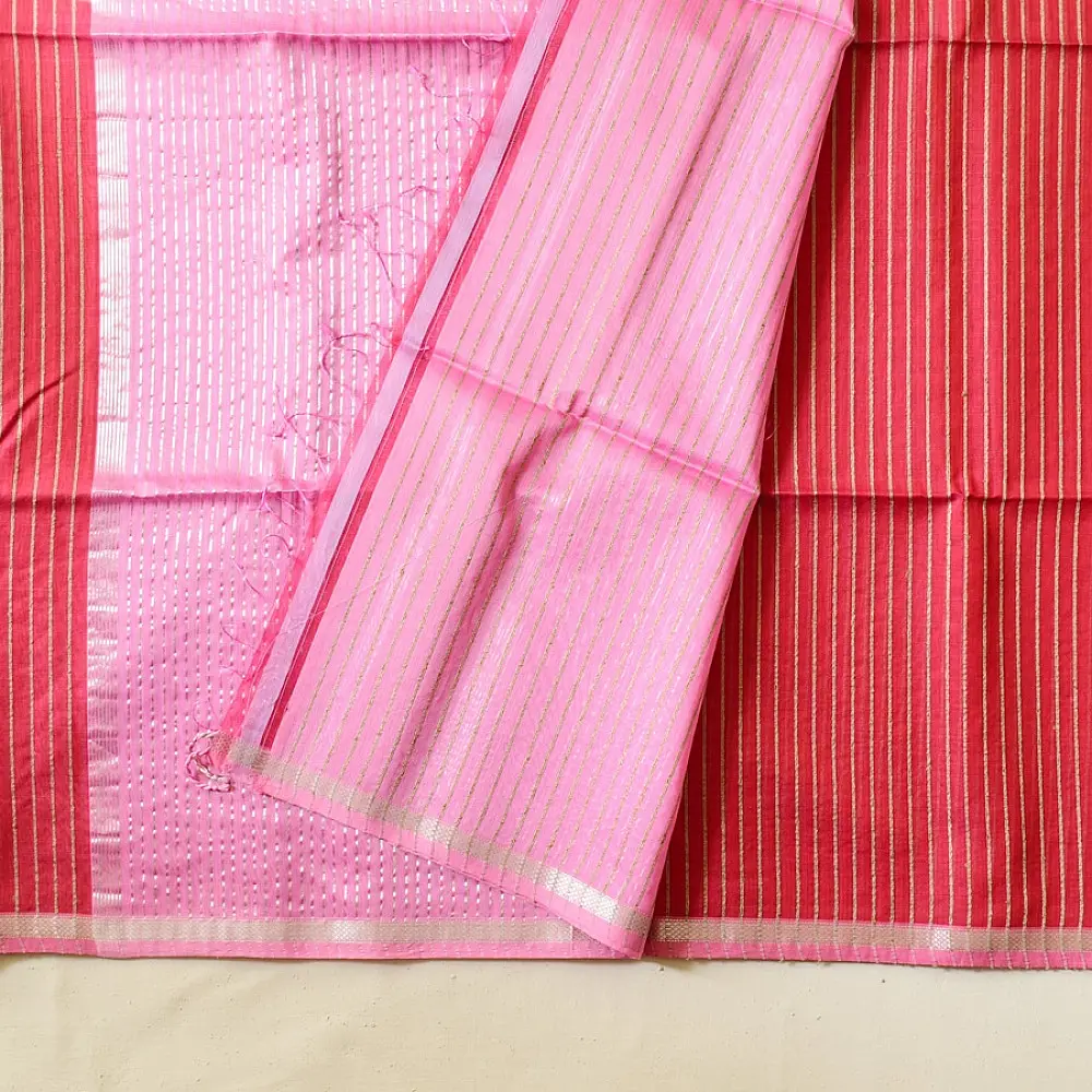 buy Handloom Maheshwari Saree ~ Red With Pink Pallu