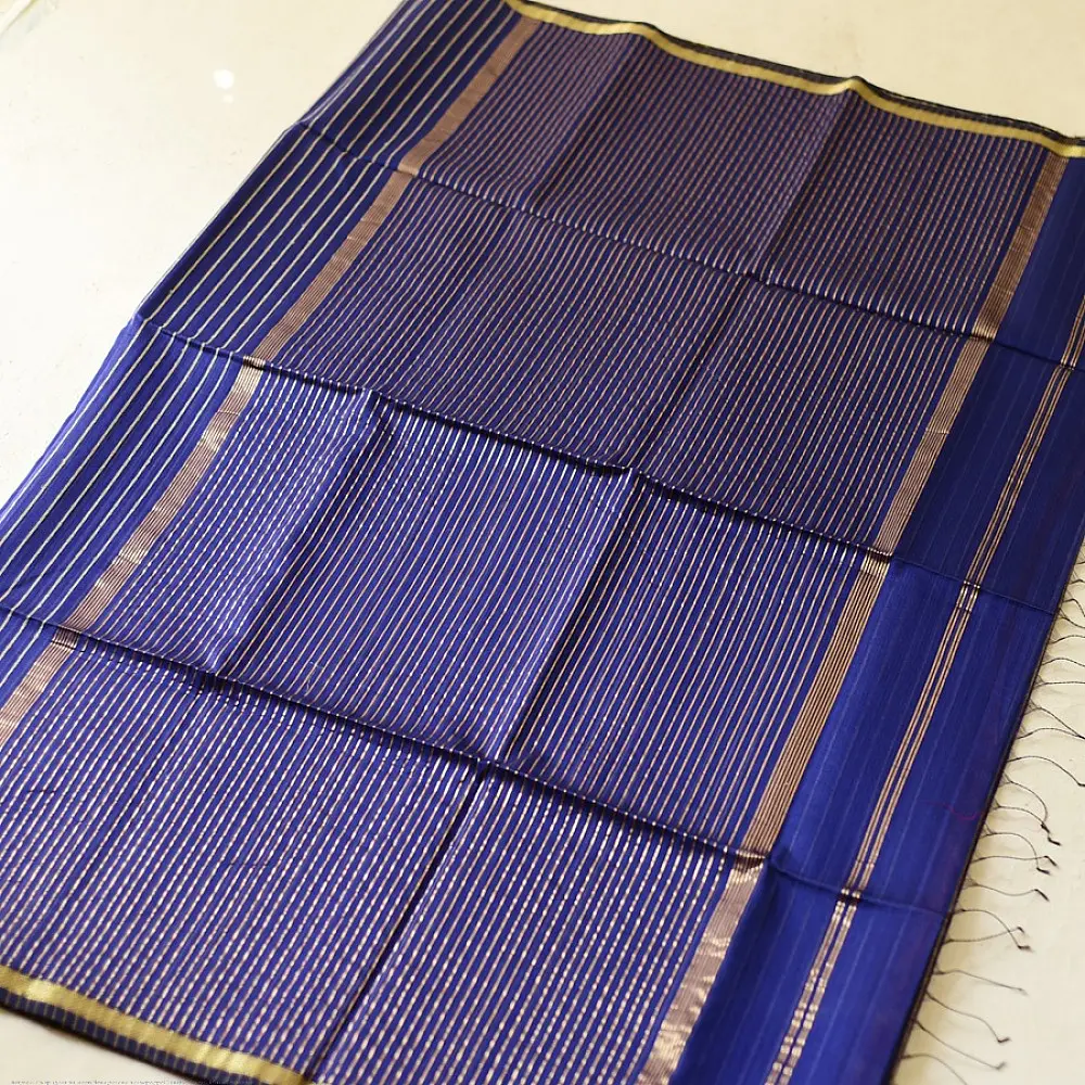 buy Zari Stripes Maheshwari Saree ~ Royal Blue
