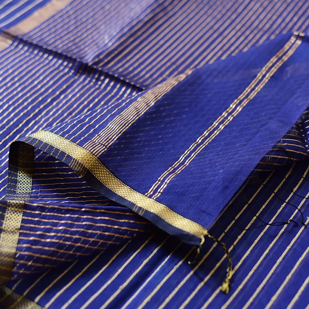 buy Zari Stripes Maheshwari Saree ~ Royal Blue