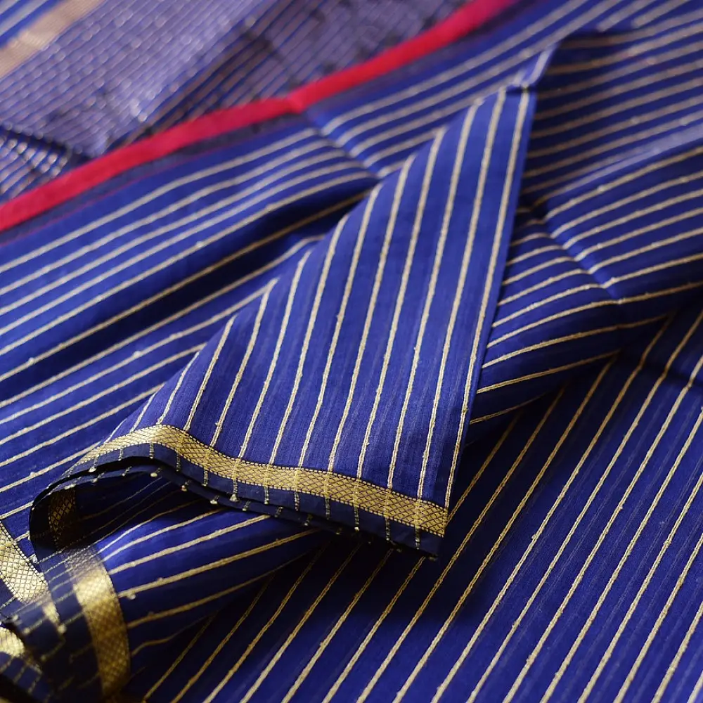 buy Zari Stripes Maheshwari Saree ~ Royal Blue
