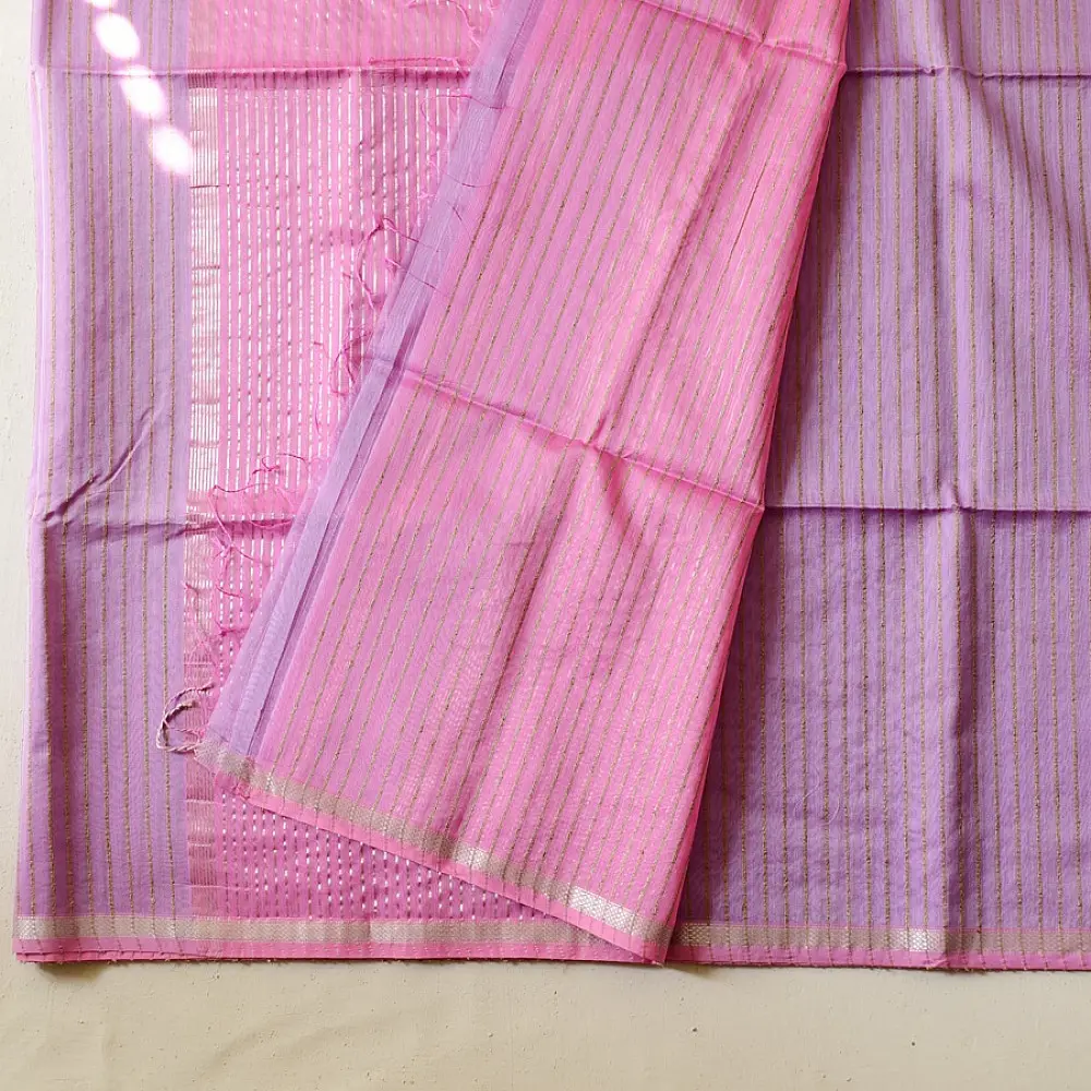 buy Handloom Maheshwari Silk Saree With Zari Stripe - Pink & Purple