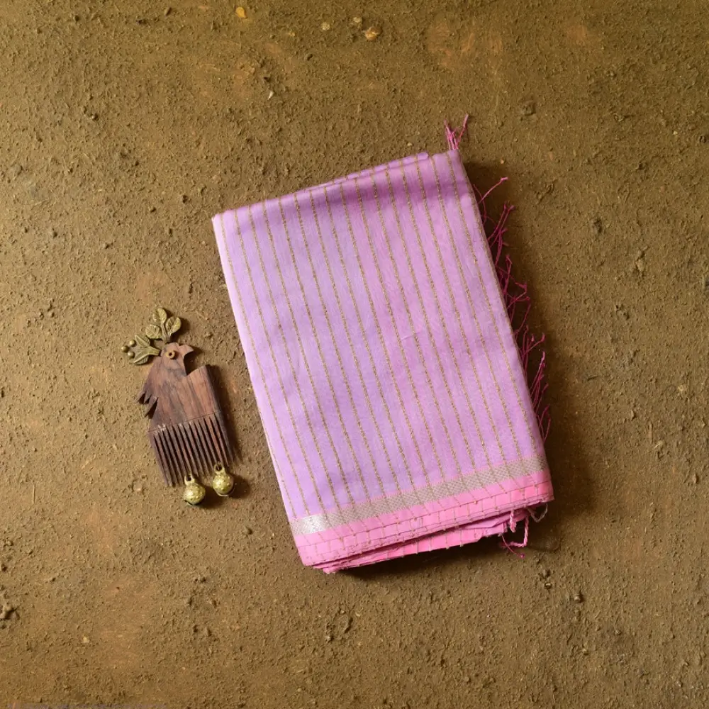 buy Handloom Maheshwari Silk Saree With Zari Stripe - Pink & Purple