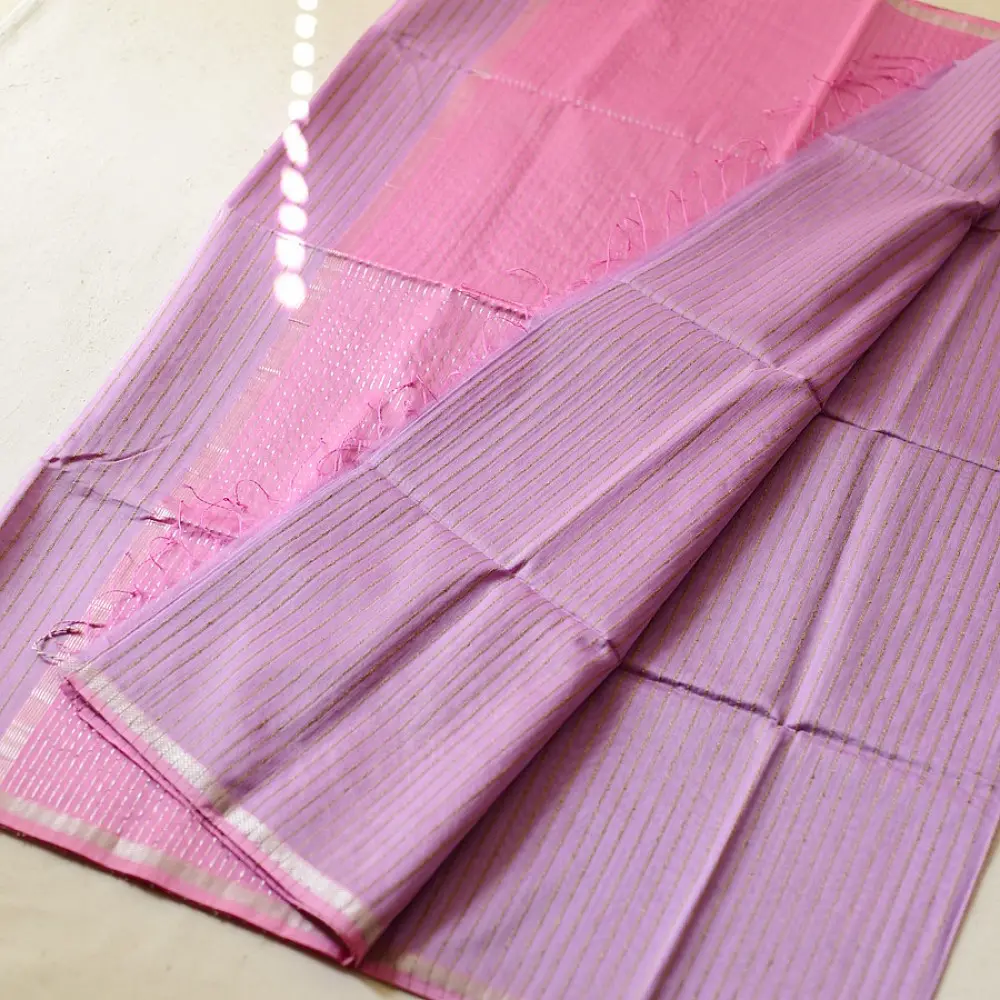 buy Handloom Maheshwari Silk Saree With Zari Stripe - Pink & Purple