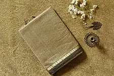 Pavitra . Handloom Maheshwari Silk Saree | Kosa Stripe + Zari | Ivory-beige