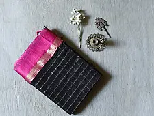 Pavitra . पवित्रा | Handloom Maheshwari Silk Saree |Black, Pink with Zari