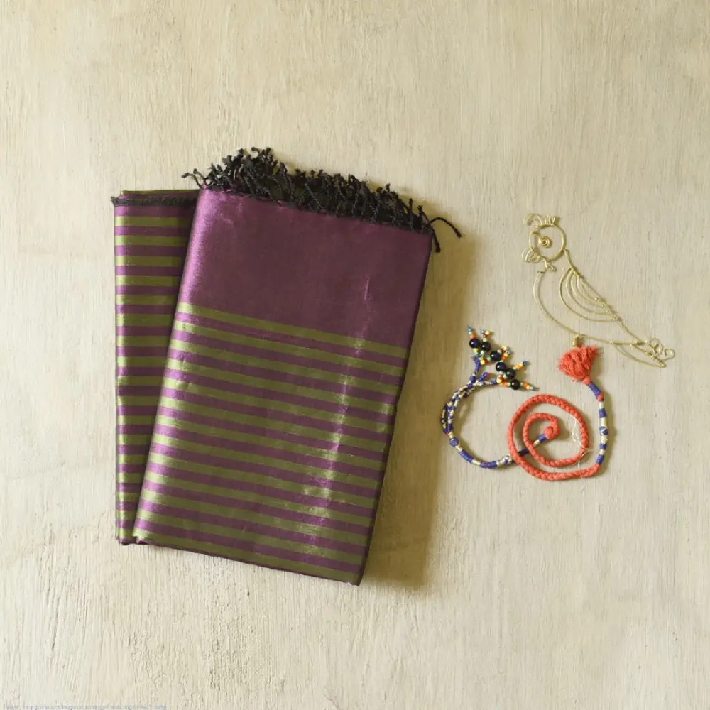 Maheshwari Zari Stripes Dress Material | Purple & Green