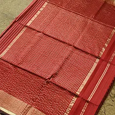 Pavitra . Handloom Maheshwari Silk Saree | Kosa Stripe + Zari | Crimson red