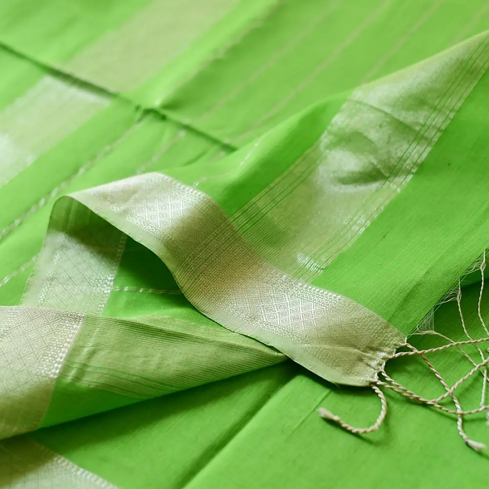 buy Handloom Silver Zari Border Maheshwari Saree ~ Green