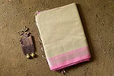 Pavitra . पवित्रा | Silver Zari Maheshwari Silk Saree ~ Beige saree with Light Pink Pallu