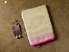 Pavitra . पवित्रा | Silver Zari Maheshwari Silk Saree ~ Beige saree with Light Pink Pallu