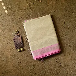 Pavitra . पवित्रा | Silver Zari Maheshwari Silk Saree ~ Beige saree with Light Pink Pallu