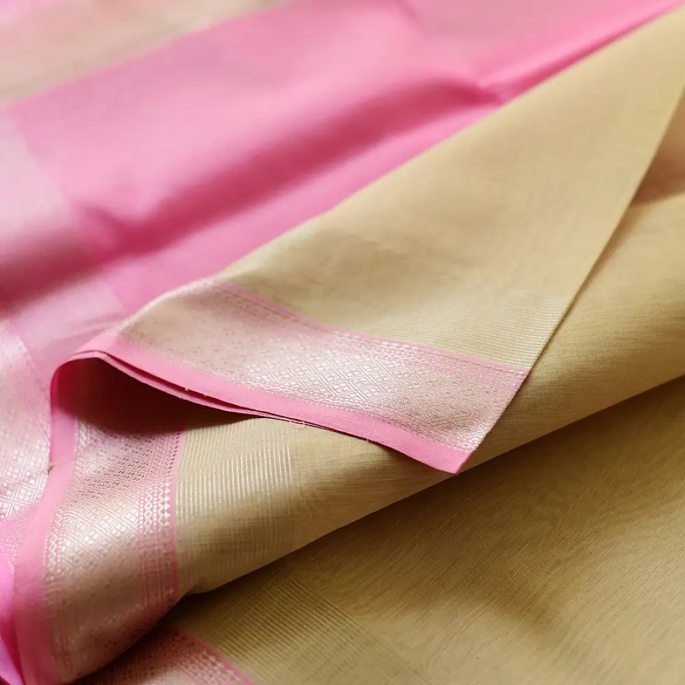 buy Handloom Silver Zari Maheshwari Silk Saree ~ Beige saree with Light Pink Pallu