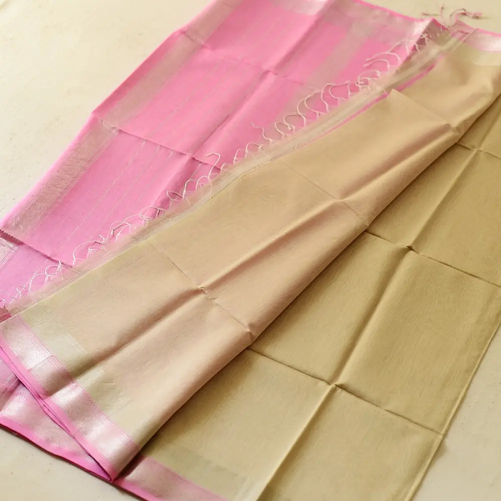 buy Handloom Silver Zari Maheshwari Silk Saree ~ Beige saree with Light Pink Pallu