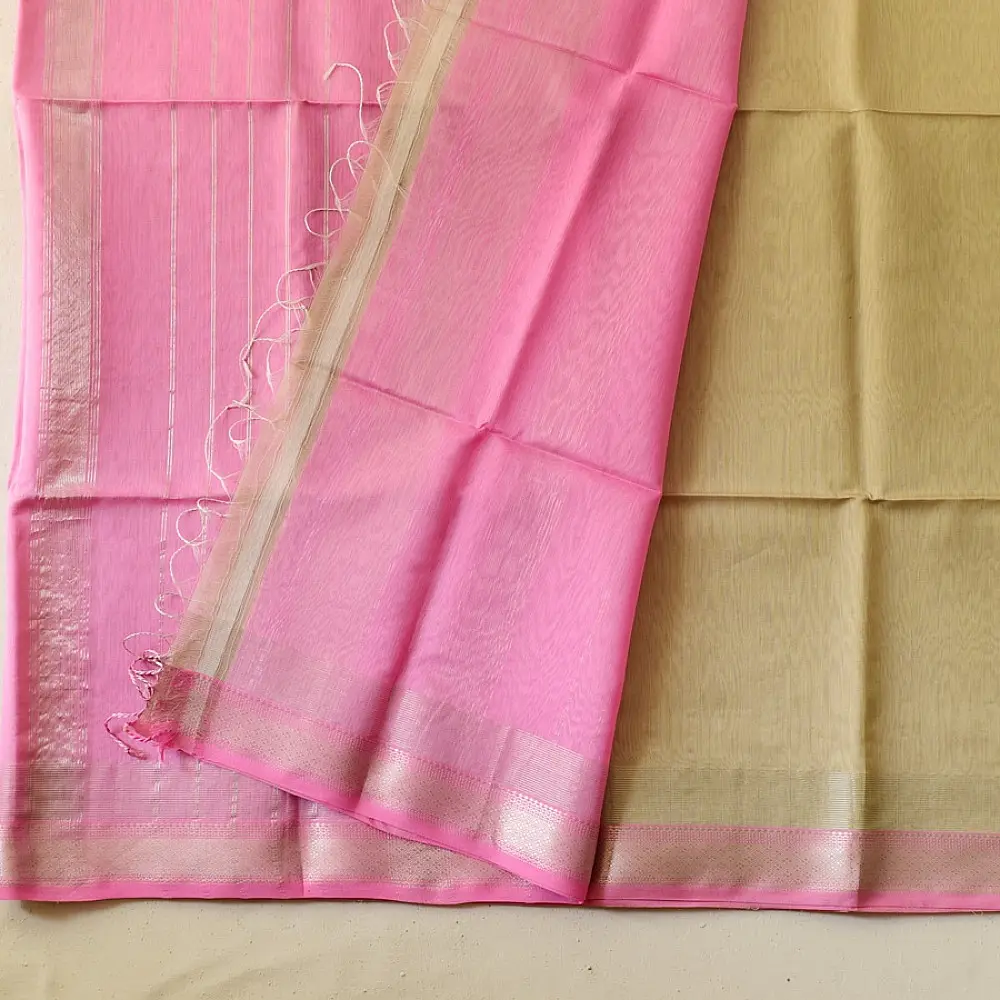 buy Handloom Silver Zari Maheshwari Silk Saree ~ Beige saree with Light Pink Pallu