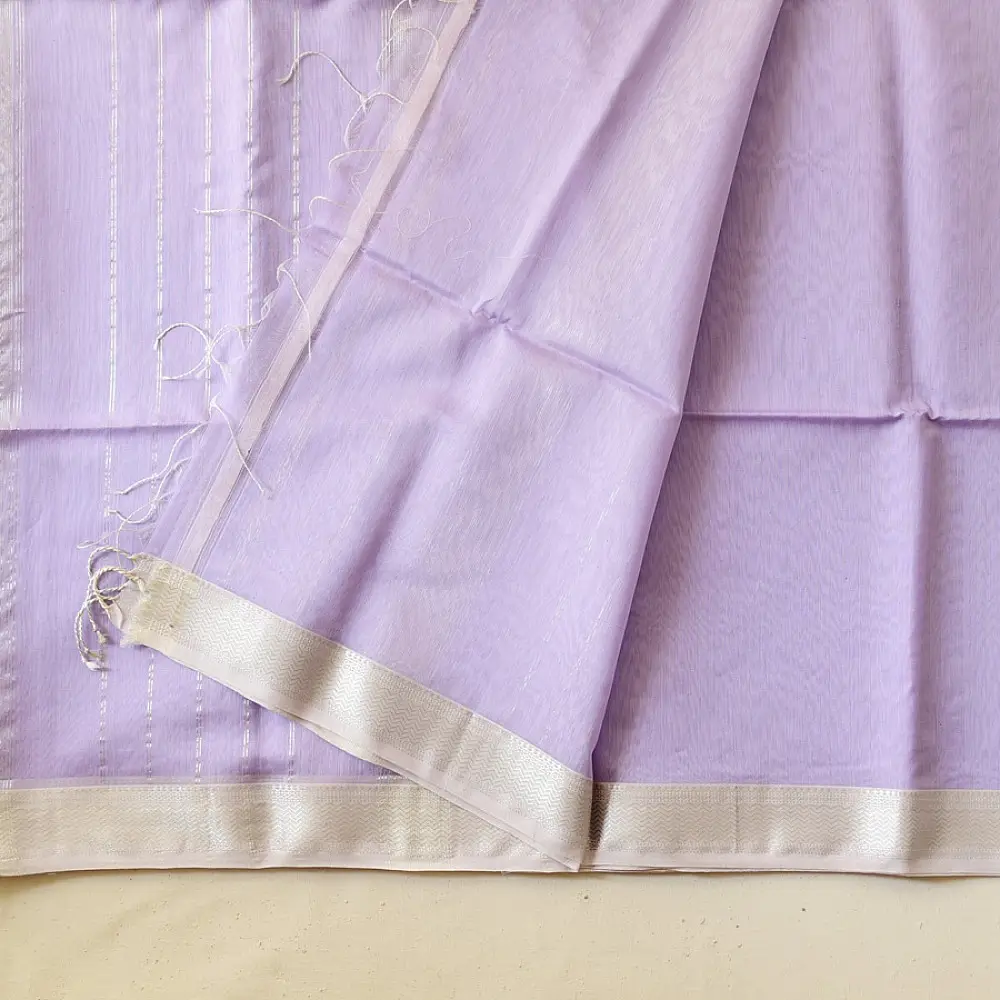 buy Handloom Silver Zari Border Maheshwari Silk Saree ~ Purple