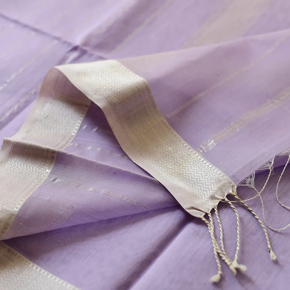 buy Handloom Silver Zari Border Maheshwari Silk Saree ~ Purple
