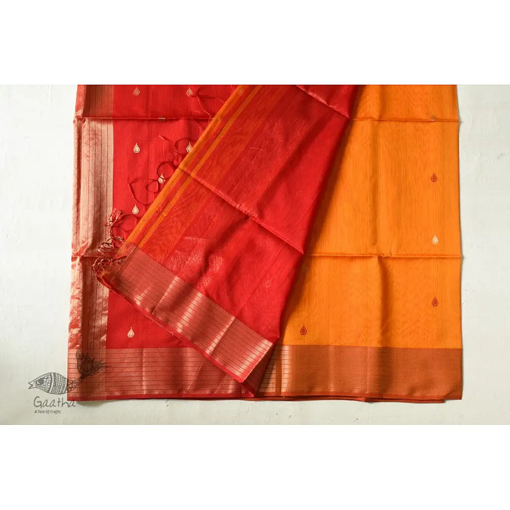buy Handwoven Maheshwari silk sareeHandwoven Maheshwari Butta Saree - Yellow With Red Pallu