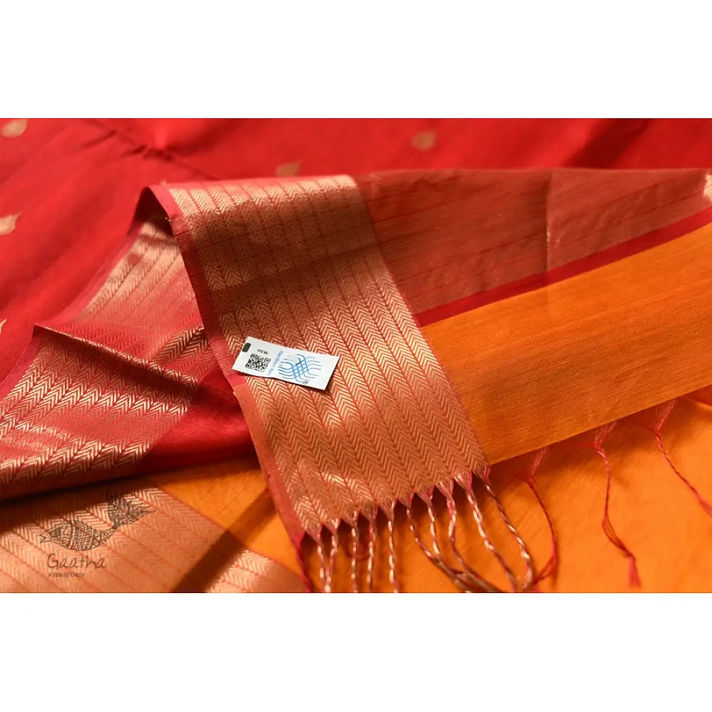 buy Handwoven Maheshwari silk sareeHandwoven Maheshwari Butta Saree - Yellow With Red Pallu