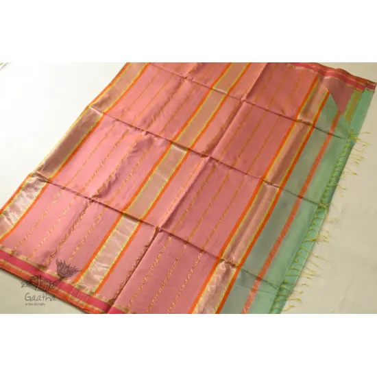 buy Handwoven Maheshwari silk sareeHandwoven Maheshwari Saree - Off White & Purple