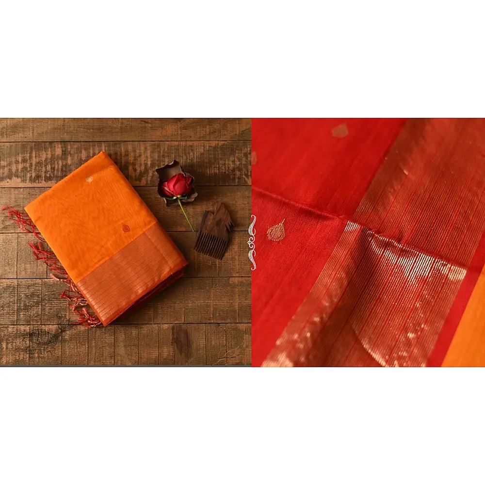 buy Handwoven Maheshwari silk sareeHandwoven Maheshwari Butta Saree - Yellow With Red Pallu