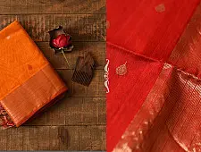 Pavitra . पवित्रा | Handwoven Maheshwari Butta Saree - Yellow With Red Pallu