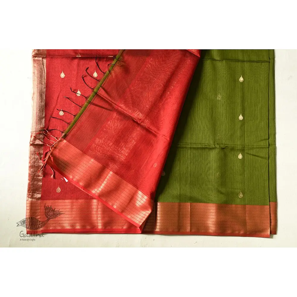 buy Handwoven Maheshwari Saree Green with Red Pallu