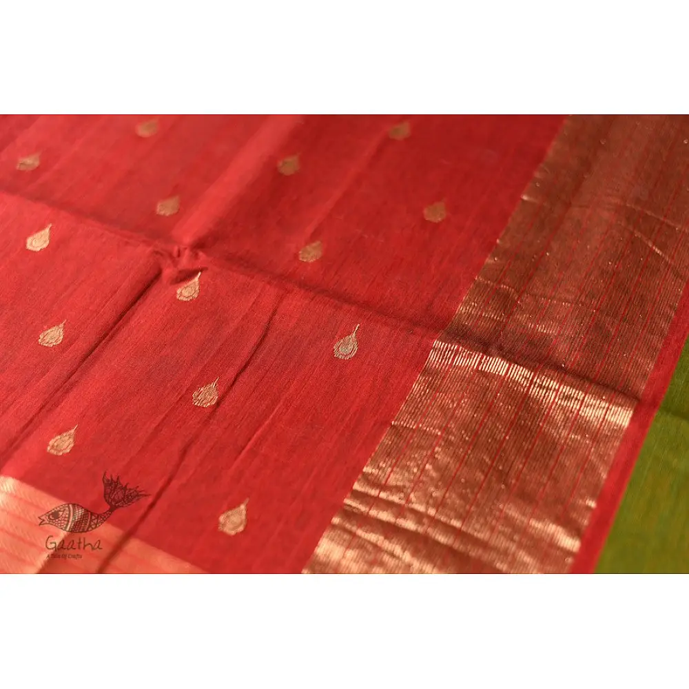 buy Handwoven Maheshwari Saree Green with Red Pallu