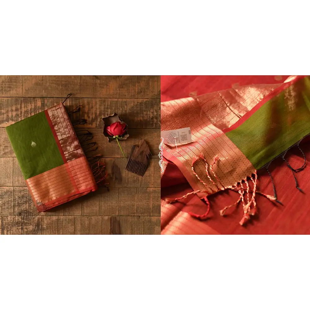 buy Handwoven Maheshwari Saree Green with Red Pallu