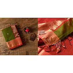 Pavitra . पवित्रा | Maheshwari Saree - Mehandi Green with Red Pallu