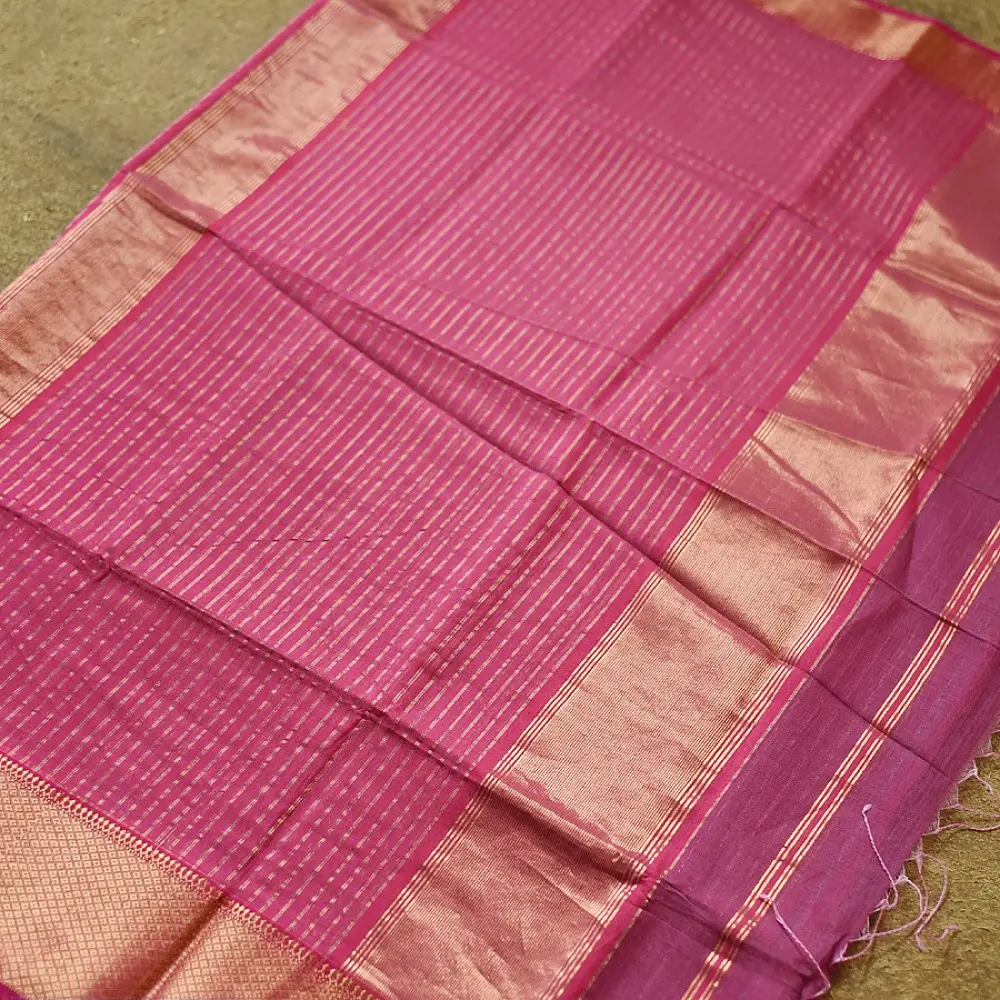 buy Handloom Indian Rose Maheshwari Silk Saree with Heavy Zari Border