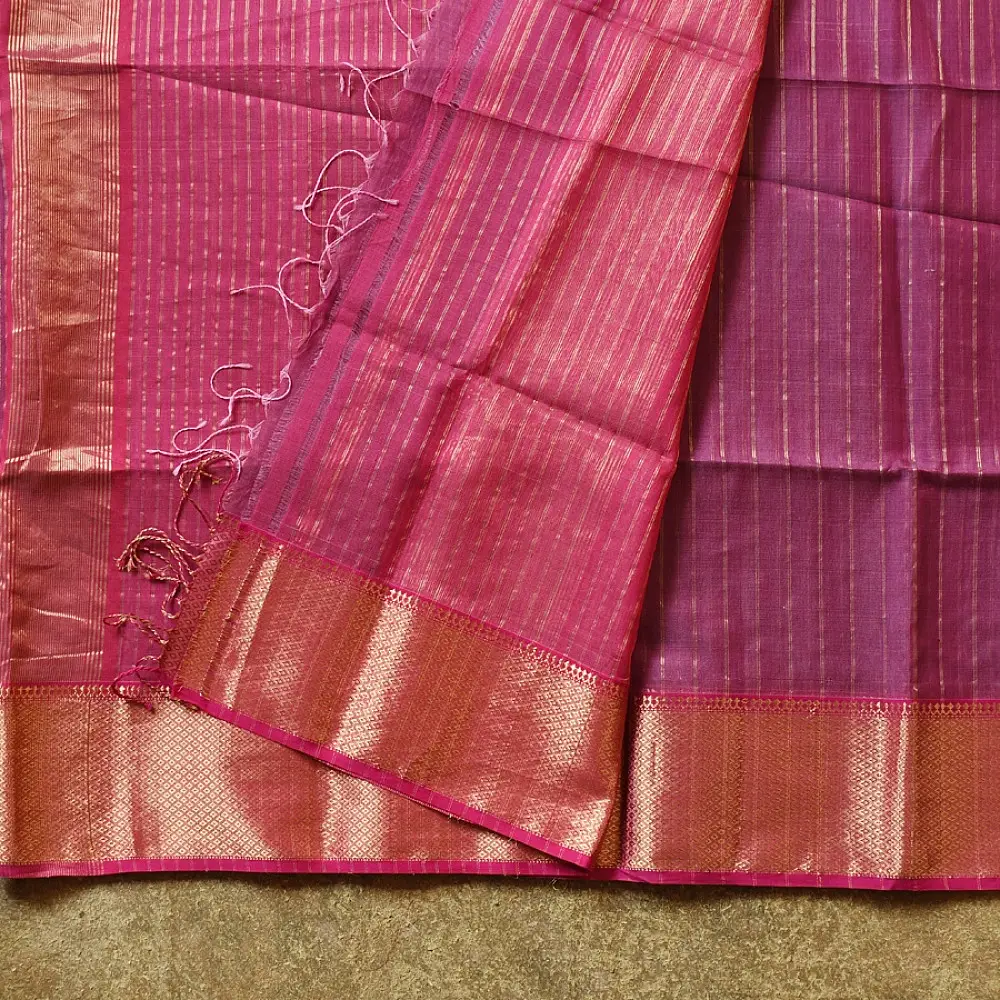 buy Handloom Indian Rose Maheshwari Silk Saree with Heavy Zari Border