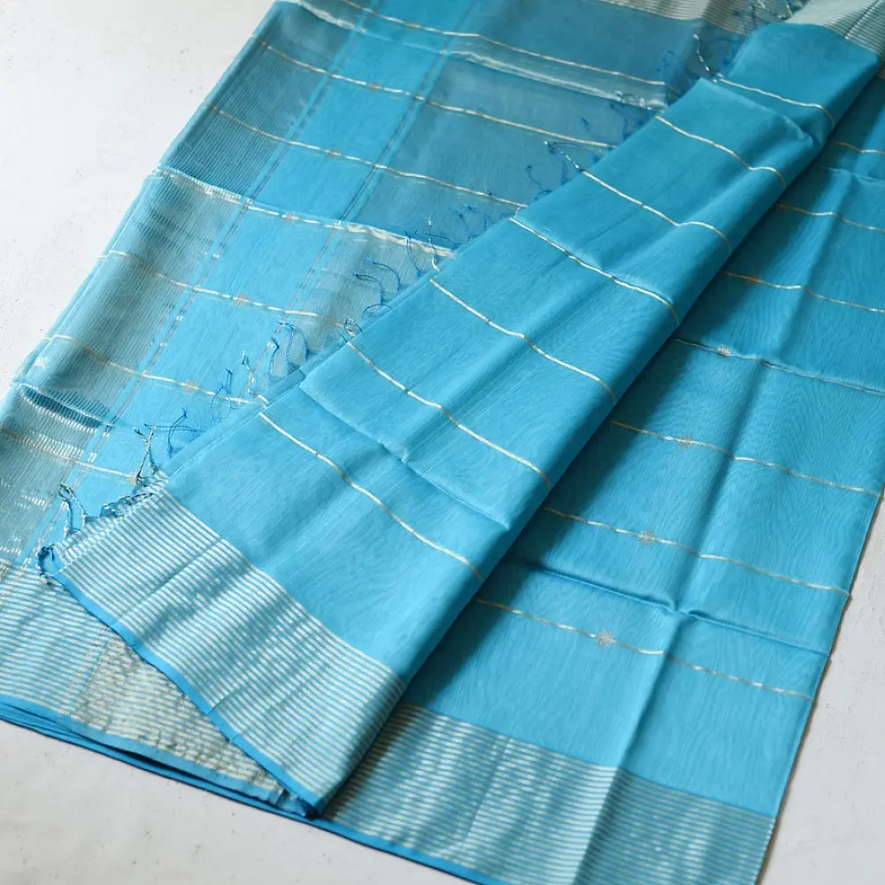 buy Handloom Maheshwari Silk Sky Blue Saree ~ Zari Stripe Pallu
