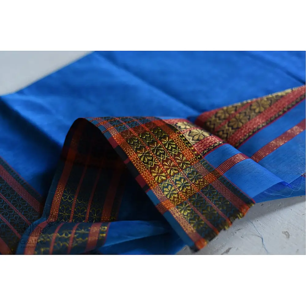 shop maheshwari cotton silk blue saree with zari border