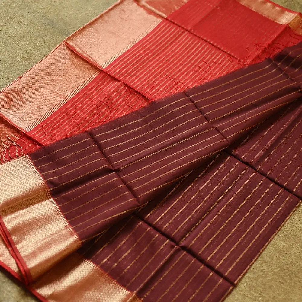 buy Handloom  Wine Maheshwari Silk Saree with Heavy Zari Border