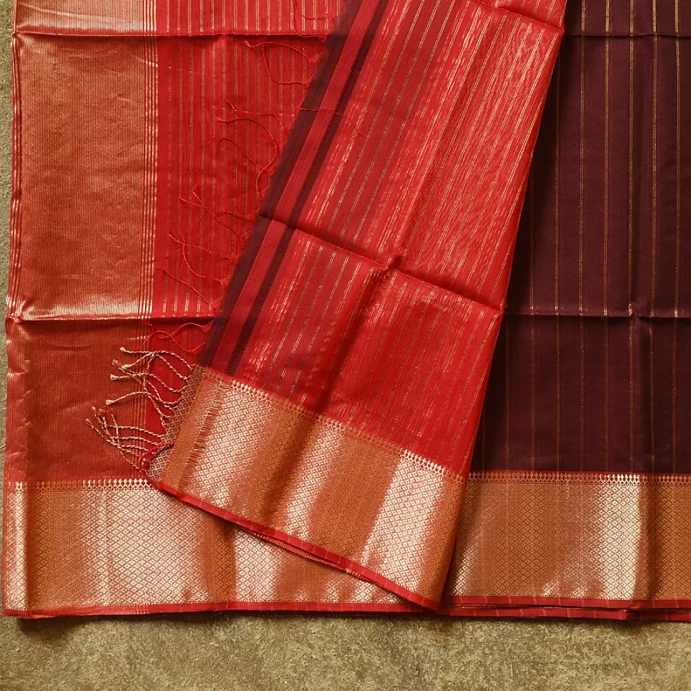 buy Handloom  Wine Maheshwari Silk Saree with Heavy Zari Border