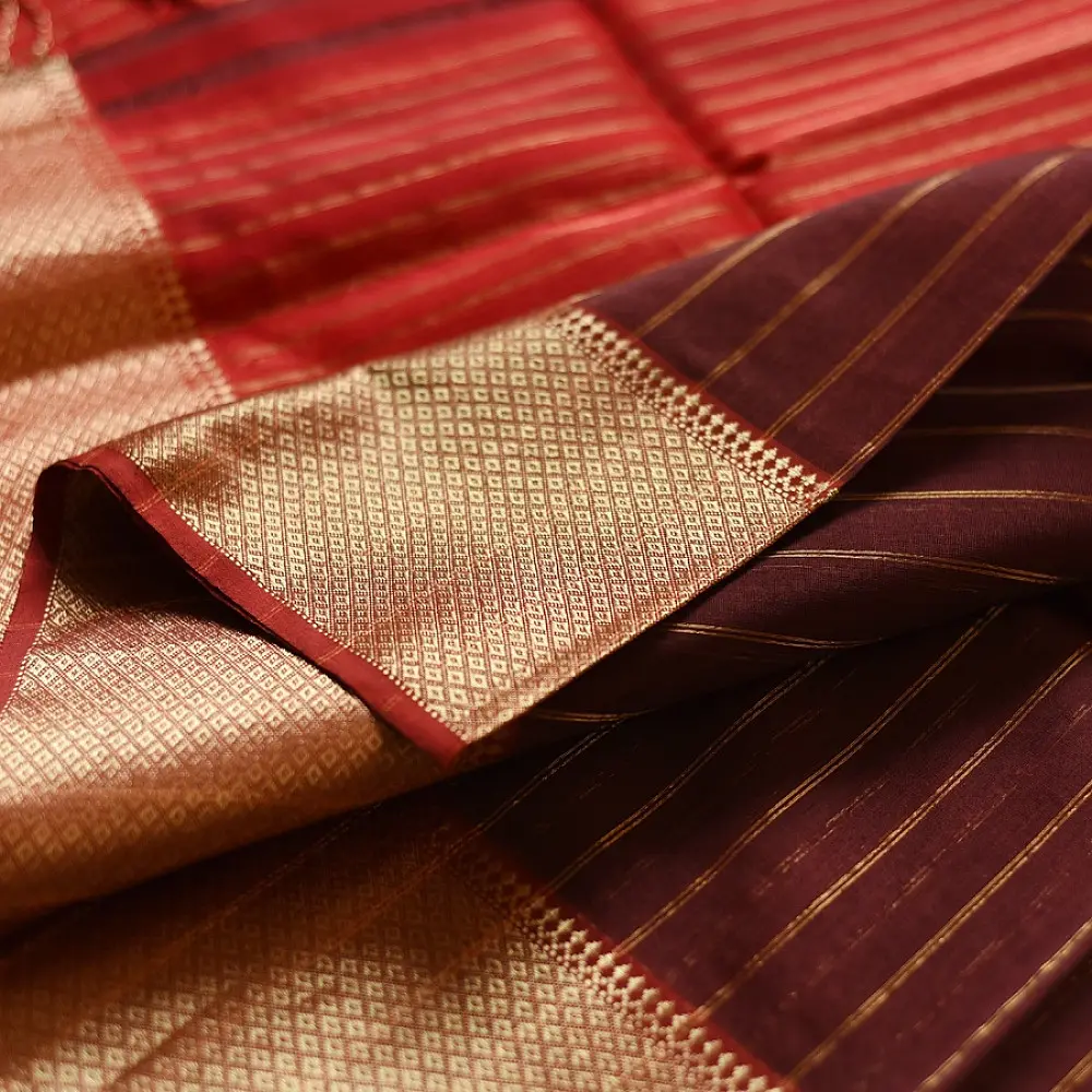 buy Handloom  Wine Maheshwari Silk Saree with Heavy Zari Border