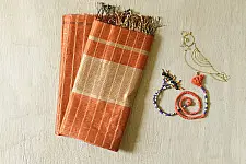 Rekha | Handloom dress material orange with Golden Zari Checks