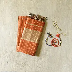 Rekha | Handloom dress material orange with Golden Zari Checks